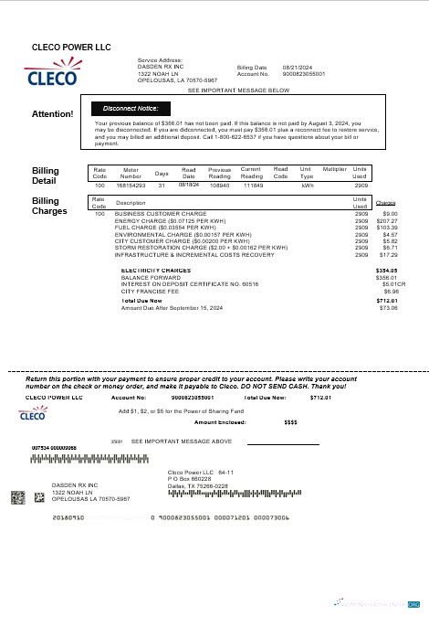 USA Louisiana Cleco Power electricity business utility bill template in Word and PDF formats